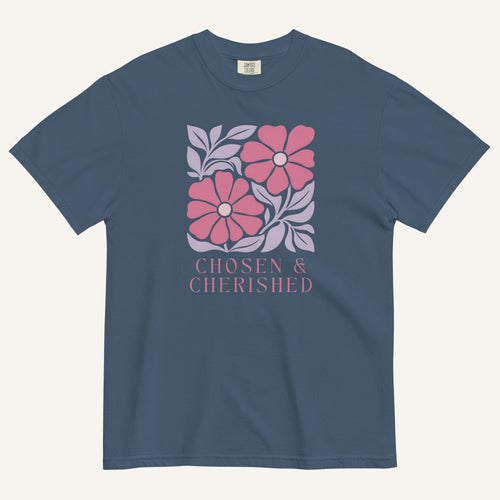 muted blue t-shirt with floral graphic and 'Chosen & Cherished' text on a cream background