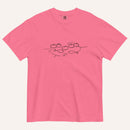 A hot pink short-sleeve crewneck t-shirt with a black graphic of two fish and 5 loaves of bread on a line and the cursive text 'Everyone Ate' across the chest, displayed flat against a light beige background.