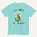 blue colored t-shirt with pickle jar graphic and 'In a Pickle? Call on Jesus' text in green