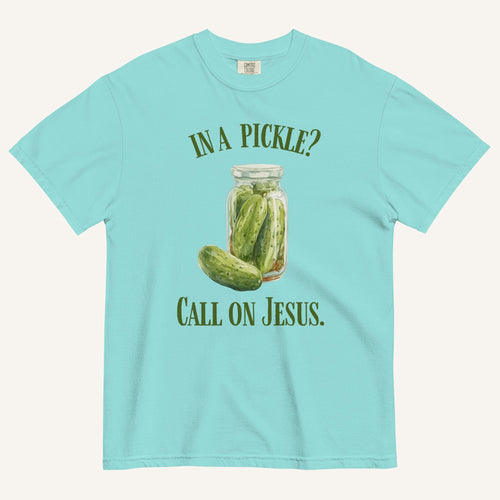blue colored t-shirt with pickle jar graphic and 'In a Pickle? Call on Jesus' text in green