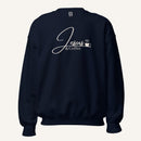 dark navy sweatshirt with 'Jesus & Coffee' text and graphic on a white background