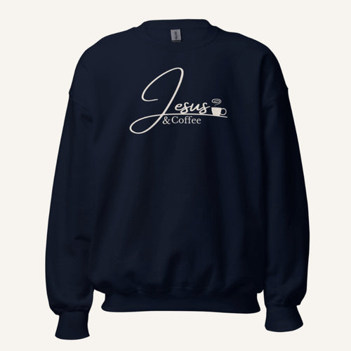 dark navy sweatshirt with 'Jesus & Coffee' text and graphic on a white background