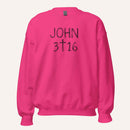 a bright pink crewneck sweatshirt with 'John 3 16' text with cross graphic between the 3 & 16 on a light cream background