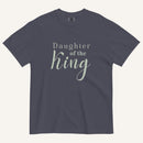 Navy blue t-shirt with 'Daughter of the King' text on a white background