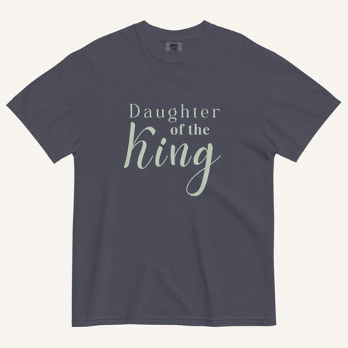 Navy blue t-shirt with 'Daughter of the King' text on a white background
