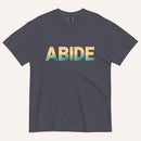 A dark gray crewneck t-shirt featuring the word 'ABIDE' printed across the chest in a bold sans-serif font with a vertical gradient transitioning from yellow to green and blue. The t-shirt is displayed flat against a light cream background.