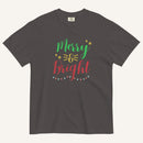 a dark grey t-shirt that has "Merry & Bright" colored text with Christmas lights and star graphics