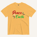 a yellow t-shirt with the text "Peace on Earth" and small botanical graphics