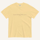 yellow t-shirt with 'Searched & Known' text on a cream background