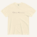 Beige t-shirt with 'Call on His name' text on a white background
