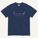 Navy blue t-shirt with 'loved beyond measure' text on a white background