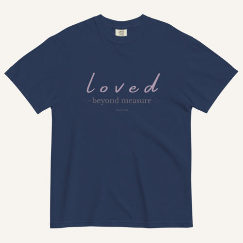 Navy blue t-shirt with 'loved beyond measure' text on a white background