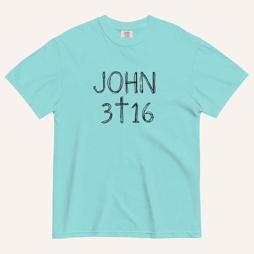 An aqua short-sleeve crewneck t-shirt with 'JOHN 3 16' text with cross graphic in between the 3 & 16 printed in a black hand-drawn font on the chest, displayed flat against a light cream background.