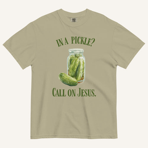 khaki colored t-shirt with pickle jar graphic and 'In a Pickle? Call on Jesus' text in green