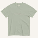 Light green t-shirt with 'Searched & Known' text on a cream background