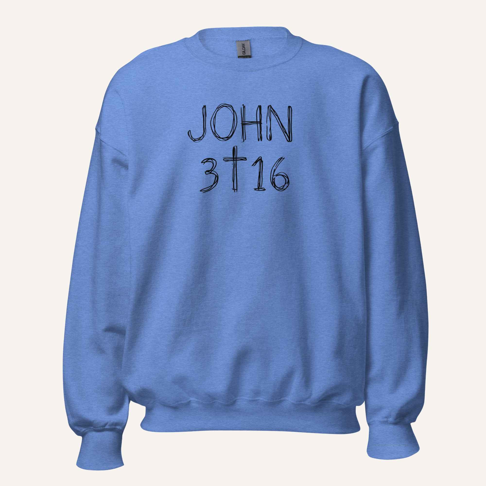 a light blue crewneck sweatshirt with 'John 3 16' text with cross graphic between the 3 & 16 on a light cream background