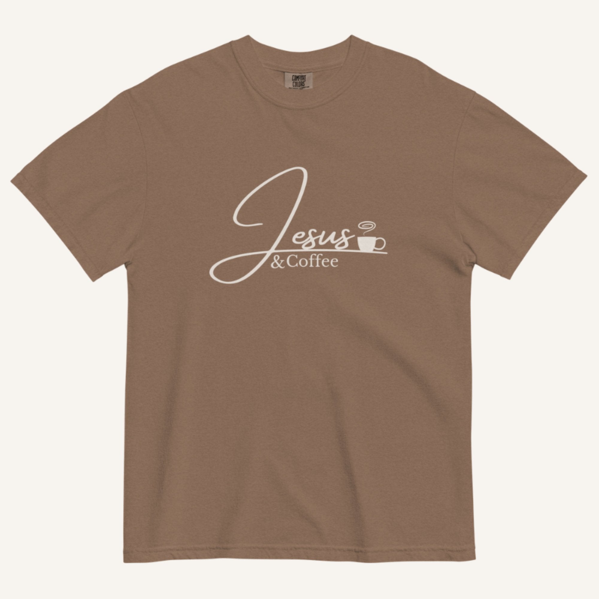 Brown t-shirt with 'Jesus & Coffee' text on a white background