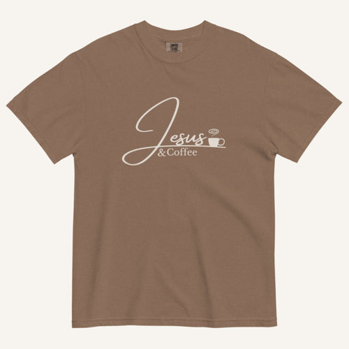 Brown t-shirt with 'Jesus & Coffee' text on a white background