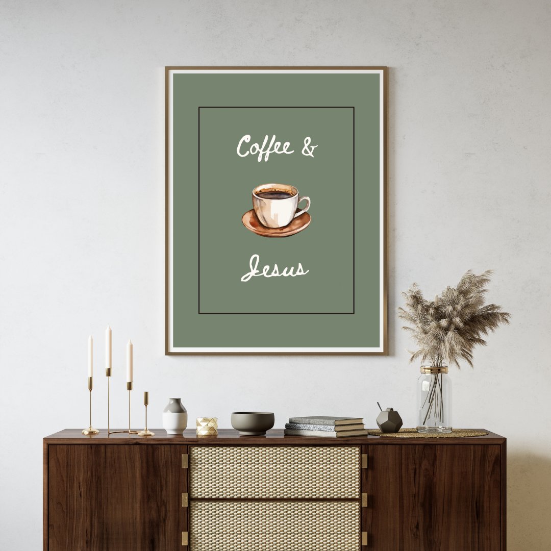 wall art with 'Coffee & Jesus' text on a green background with a rectangle frame in a neutral living room