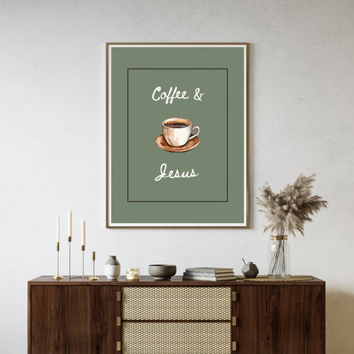 wall art with 'Coffee & Jesus' text on a green background with a rectangle frame in a neutral living room