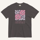 gray t-shirt with floral graphic and 'Chosen & Cherished' text on a cream background