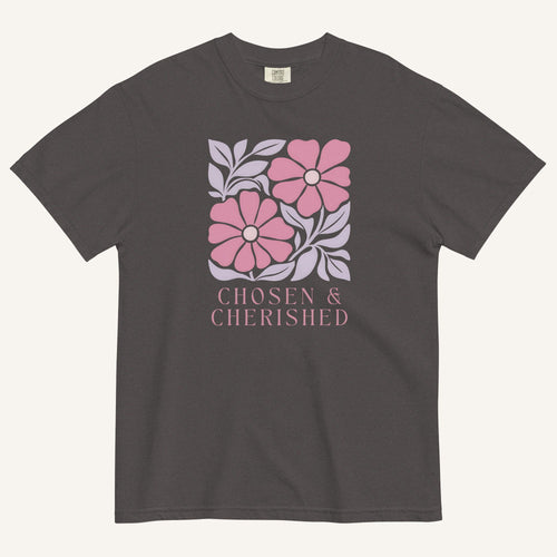 gray t-shirt with floral graphic and 'Chosen & Cherished' text on a cream background