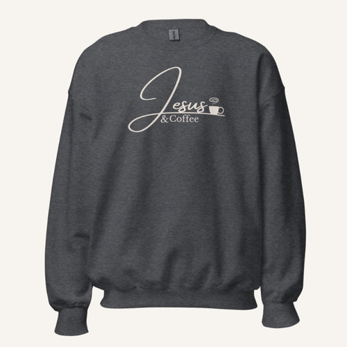 medium Grey sweatshirt with cream 'Jesus & Coffee' text on a white background