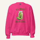 hot pink crewneck sweatshirt with a pickle jar graphic and 'In a Pickle? Call on Jesus' text on a cream background