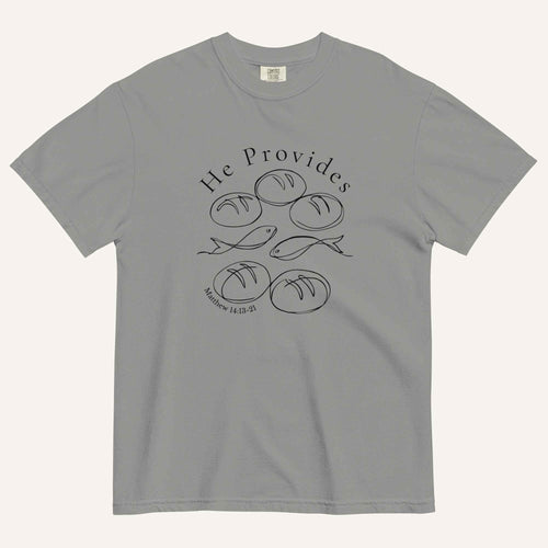 A grey short-sleeve t-shirt with a black graphic print on the front showing fish and loaves of bread, with the text 'He Provides' and 'Matthew 14:13-21'.
