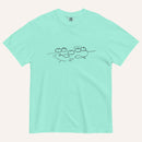A mint blue/green short-sleeve crewneck t-shirt with a black graphic of two fish and 5 loaves of bread on a line and the cursive text 'Everyone Ate' across the chest, displayed flat against a light beige background.