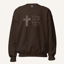 brown sweatshirt with cross design and 'No longer lost, but found by Him' text on a cream background