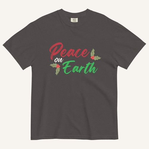 a grey t-shirt with the text "Peace on Earth" and small botanical graphics
