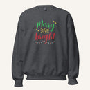 heather grey crewneck sweatshirt with "Merry & Bright" colorful text with Christmas lights and star graphics