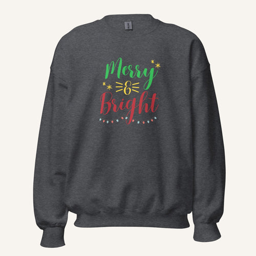 heather grey crewneck sweatshirt with "Merry & Bright" colorful text with Christmas lights and star graphics
