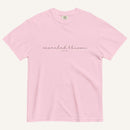 pink t-shirt with 'Searched & Known' text on a cream background
