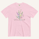 Light Pink t-shirt with floral design and 'Matthew 6:28' text on a white background