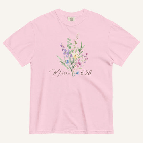 Light Pink t-shirt with floral design and 'Matthew 6:28' text on a white background