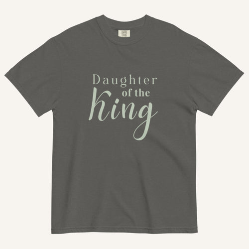 Gray t-shirt with 'Daughter of the King' text on a white background
