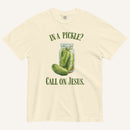 ivory colored t-shirt with pickle jar graphic and 'In a Pickle? Call on Jesus' text in green