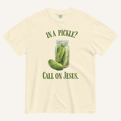 ivory colored t-shirt with pickle jar graphic and 'In a Pickle? Call on Jesus' text in green