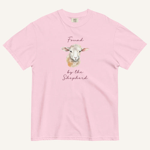 light pink t-shirt with watercolor lamb and 'Found by the Shepherd' text on cream background