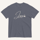 Blue Gray t-shirt with 'Jesus & Coffee' text on a white background