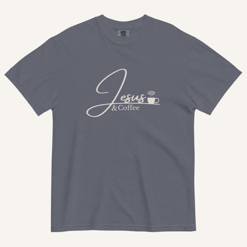 Blue Gray t-shirt with 'Jesus & Coffee' text on a white background