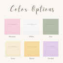 Color swatches labeled 'Blossom', 'White', 'Bay', 'Ivory', 'Butter', and 'Orchid' on a cream background.