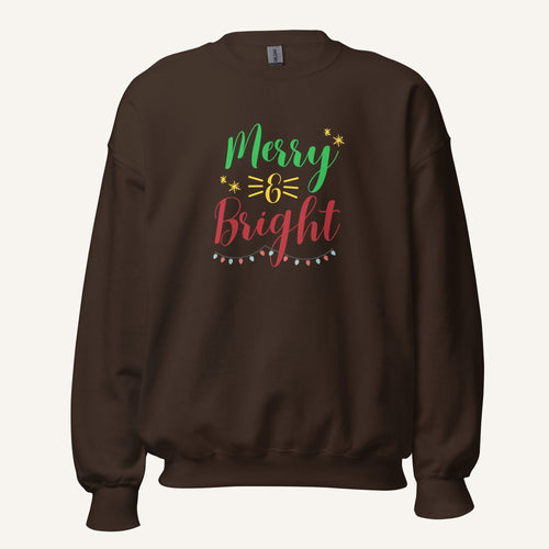 brown crewneck sweatshirt with "Merry & Bright" colorful text with Christmas lights and star graphics