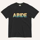 A black short-sleeve crewneck t-shirt featuring the word 'ABIDE' printed across the chest in a bold sans-serif font with a vertical gradient transitioning from yellow to green and blue. The t-shirt is displayed flat against a light cream background.