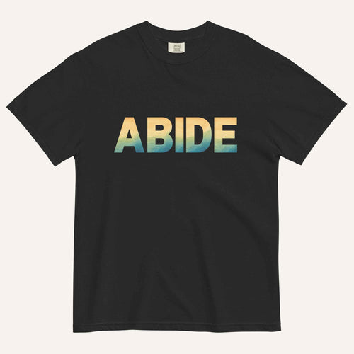 A black short-sleeve crewneck t-shirt featuring the word 'ABIDE' printed across the chest in a bold sans-serif font with a vertical gradient transitioning from yellow to green and blue. The t-shirt is displayed flat against a light cream background.