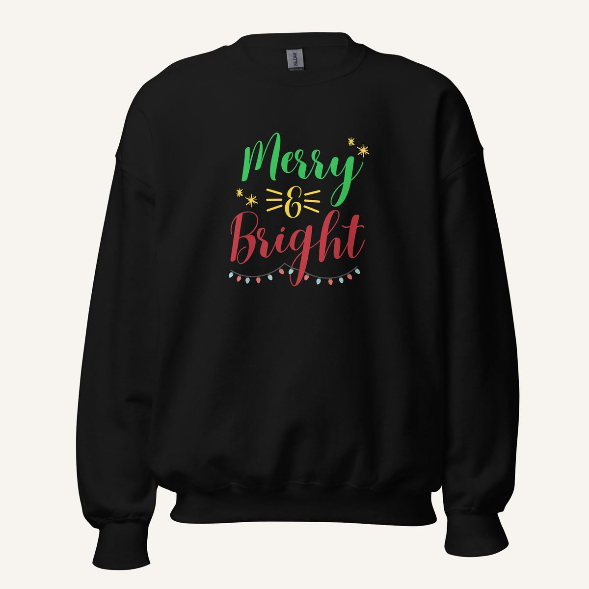 black crewneck sweatshirt with "Merry & Bright" colorful text with Christmas lights and star graphics