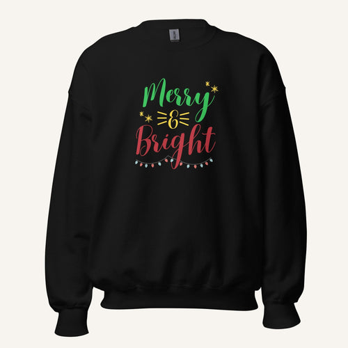 black crewneck sweatshirt with "Merry & Bright" colorful text with Christmas lights and star graphics