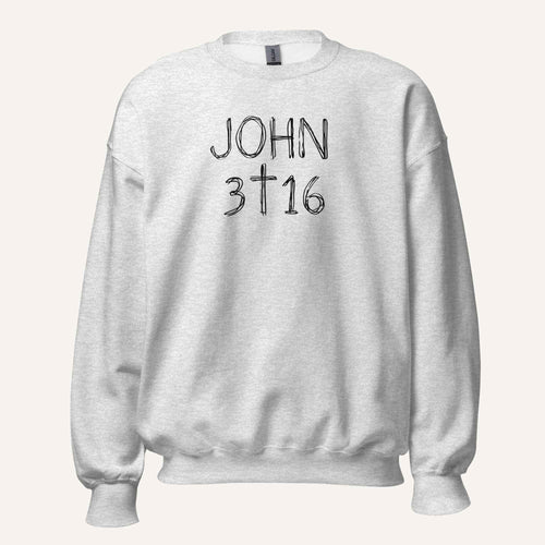 a light heather grey crewneck sweatshirt with 'John 3 16' text with cross graphic between the 3 & 16 on a light cream background